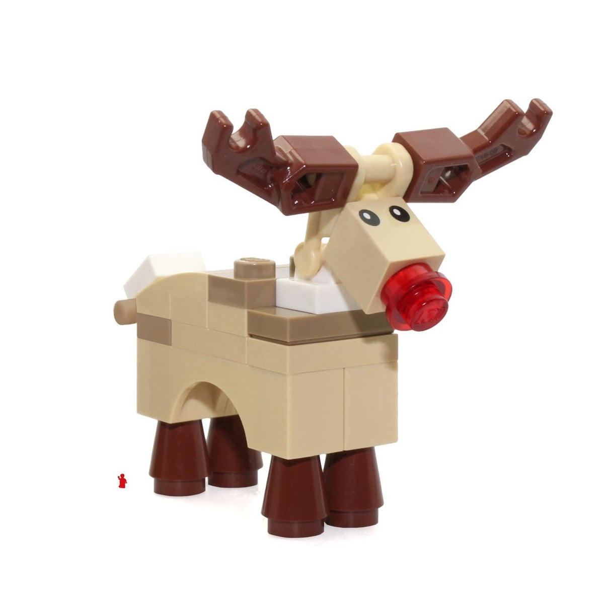 LEGO Rudolph reindeer minifigure with red nose for festive display and imaginative play.