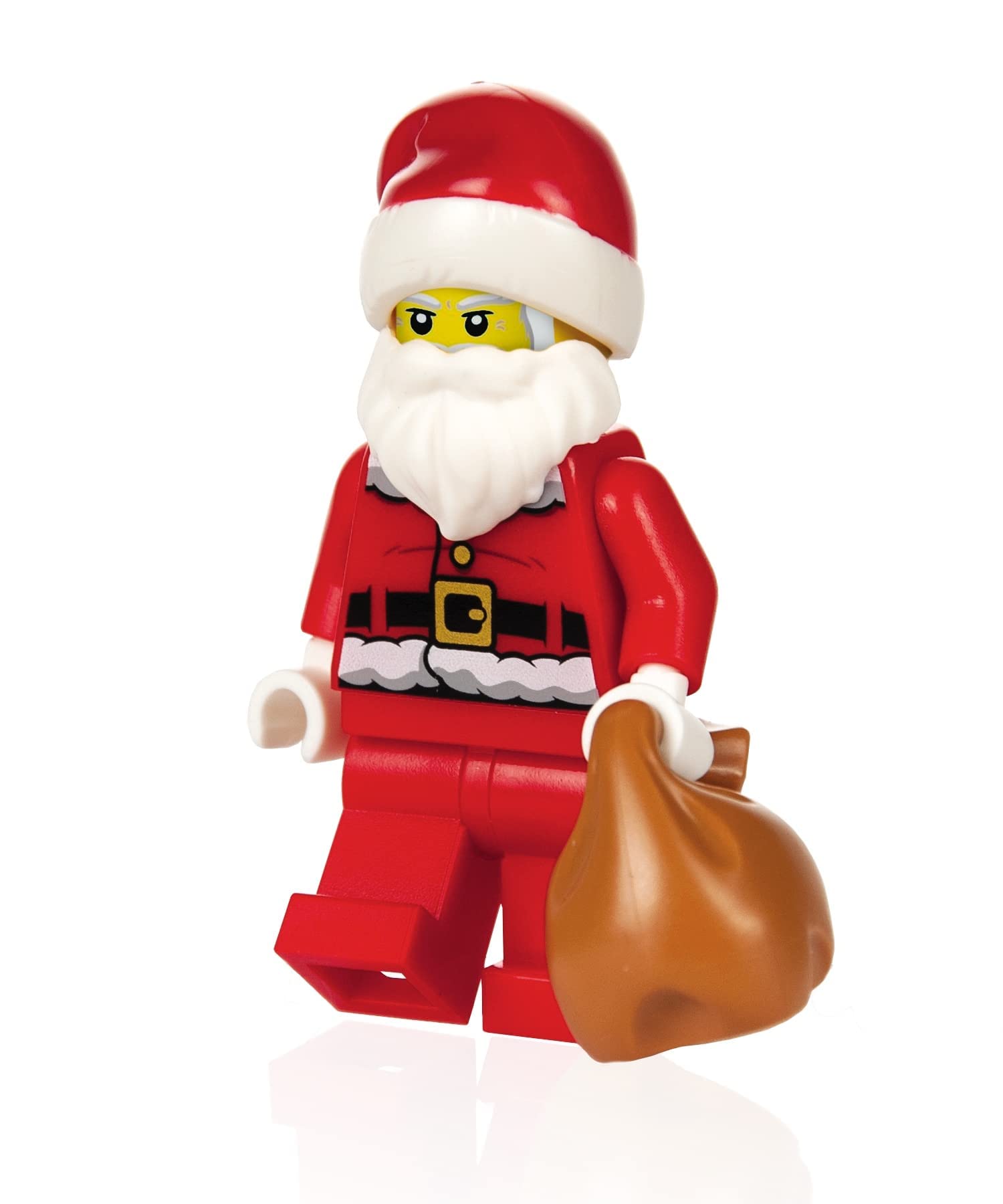 LEGO Santa Claus 2021 design with brown toy sack for holiday scenes.