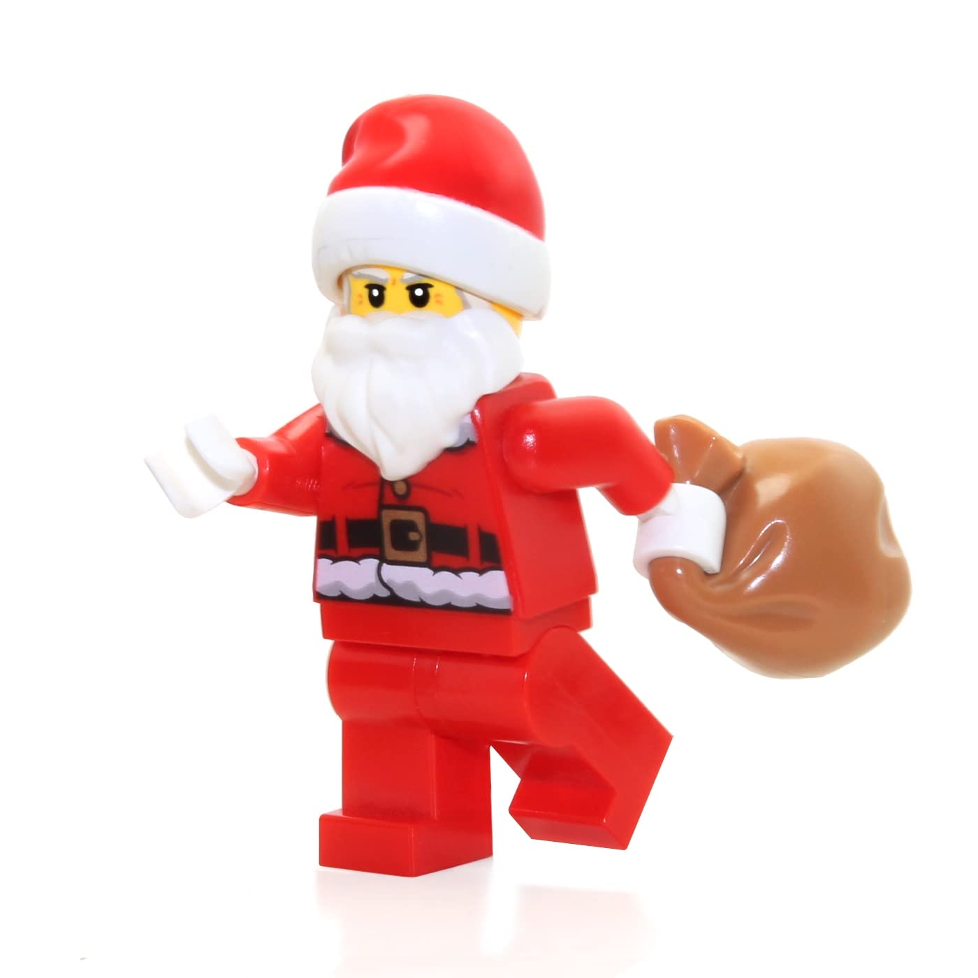 LEGO Santa Claus minifigure with toy sack for festive display and building fun.