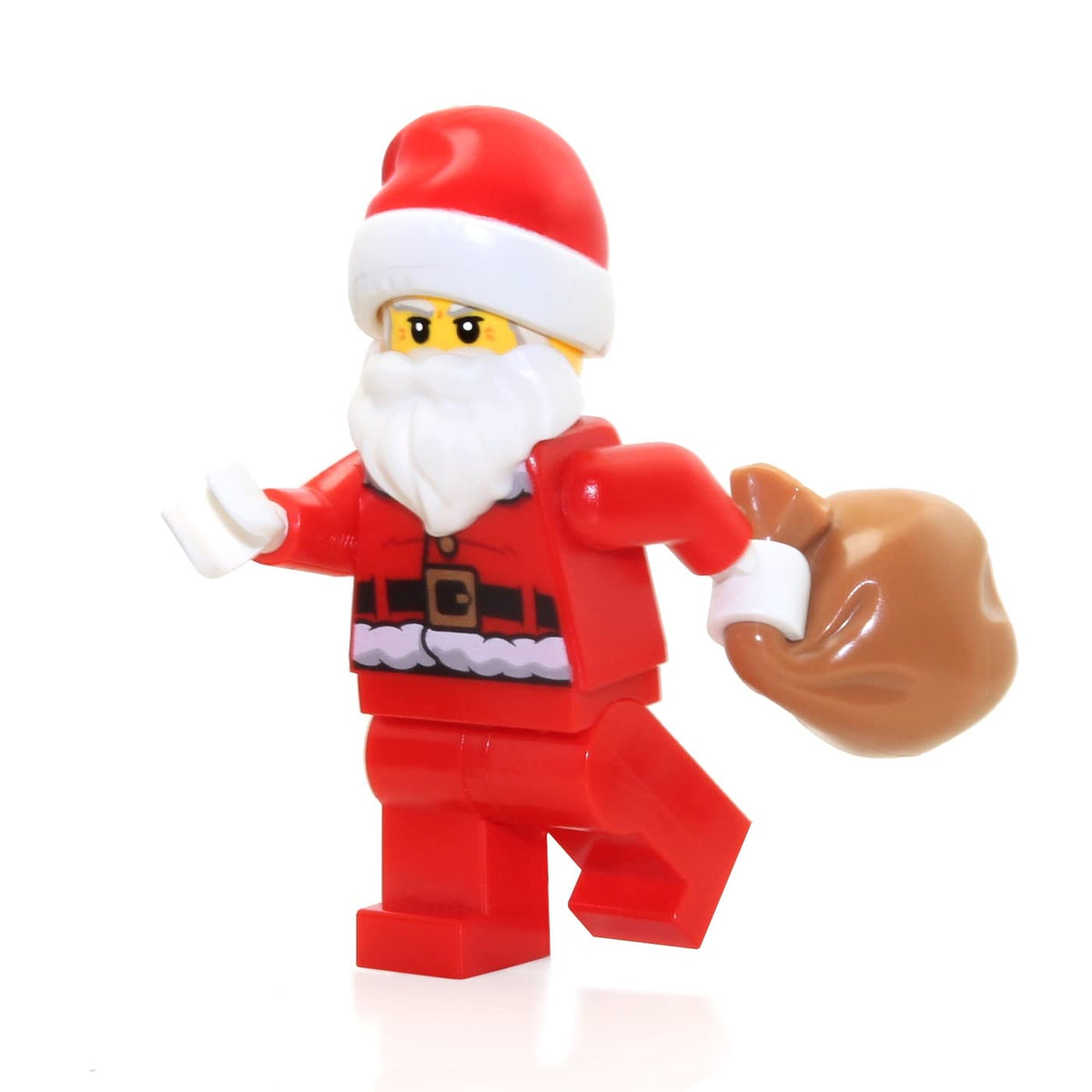LEGO Santa Claus minifigure with toy sack for festive display and building fun.