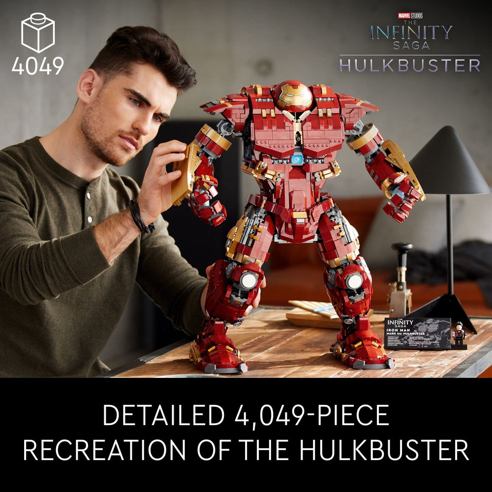 LEGO Hulkbuster 76210 side view showcases its colossal scale and detail.