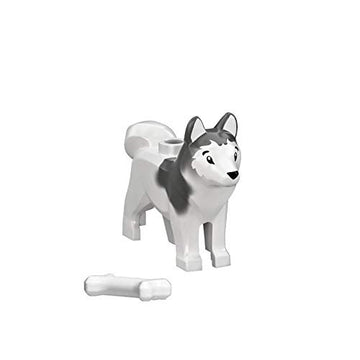 Lego Husky minifigure with bone accessory enhances micro-scale displays and imaginative play.