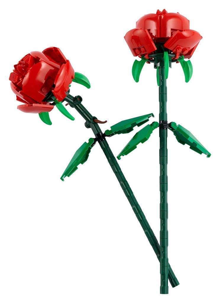 Two buildable roses from LEGO Iconic Rose 40460 as a thoughtful gift.