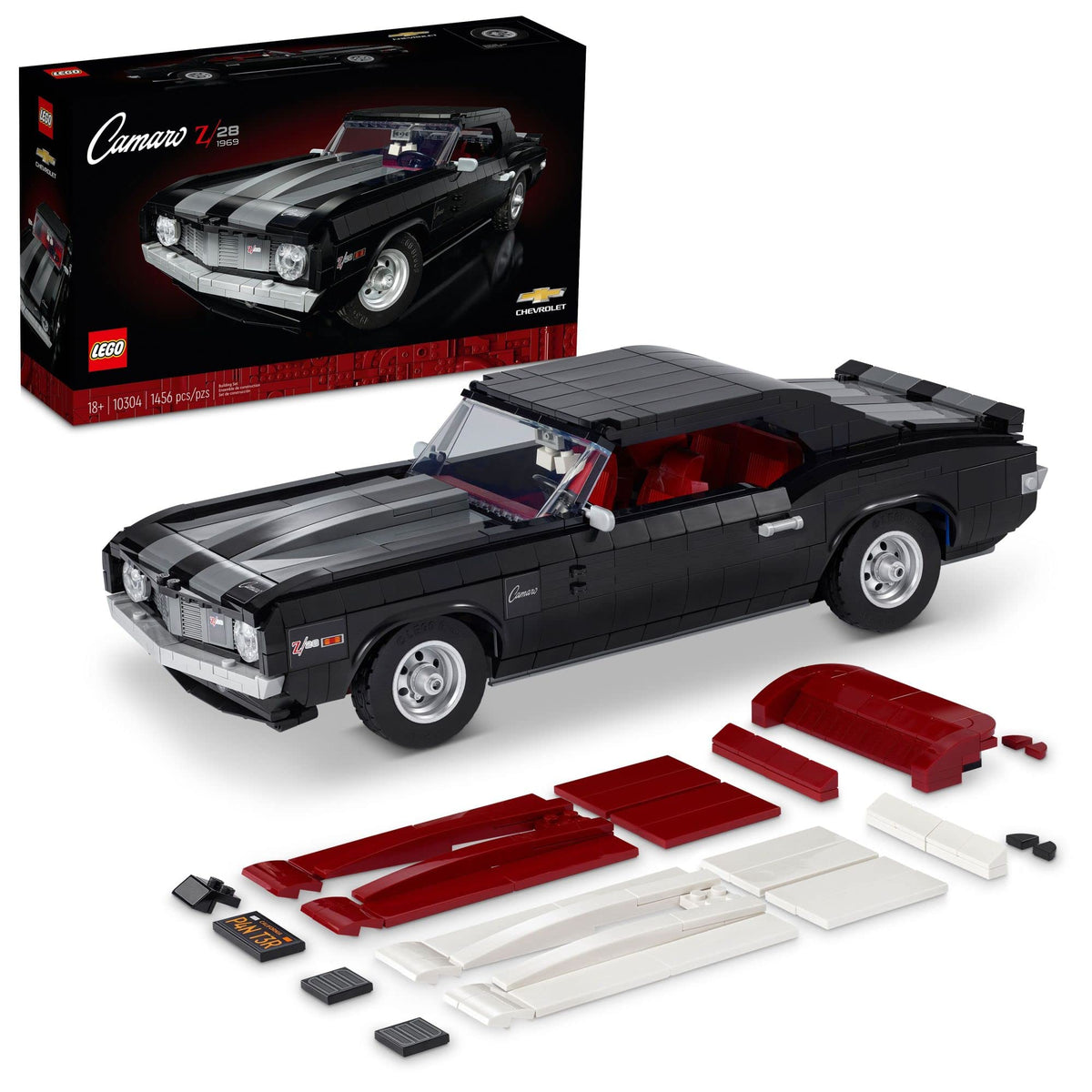 LEGO Icons Chevrolet Camaro Z28 10304 front view showcasing customizable display options