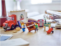 LEGO Icons Moving Truck 40586 contains gramola, piano, and dressing table for scenes.