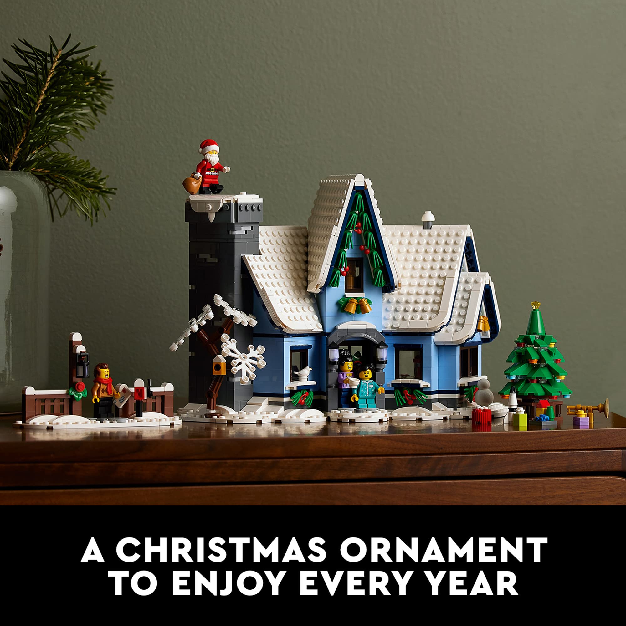 LEGO Icons Santa's Visit 10293 minifigures including Santa and family suit display setups