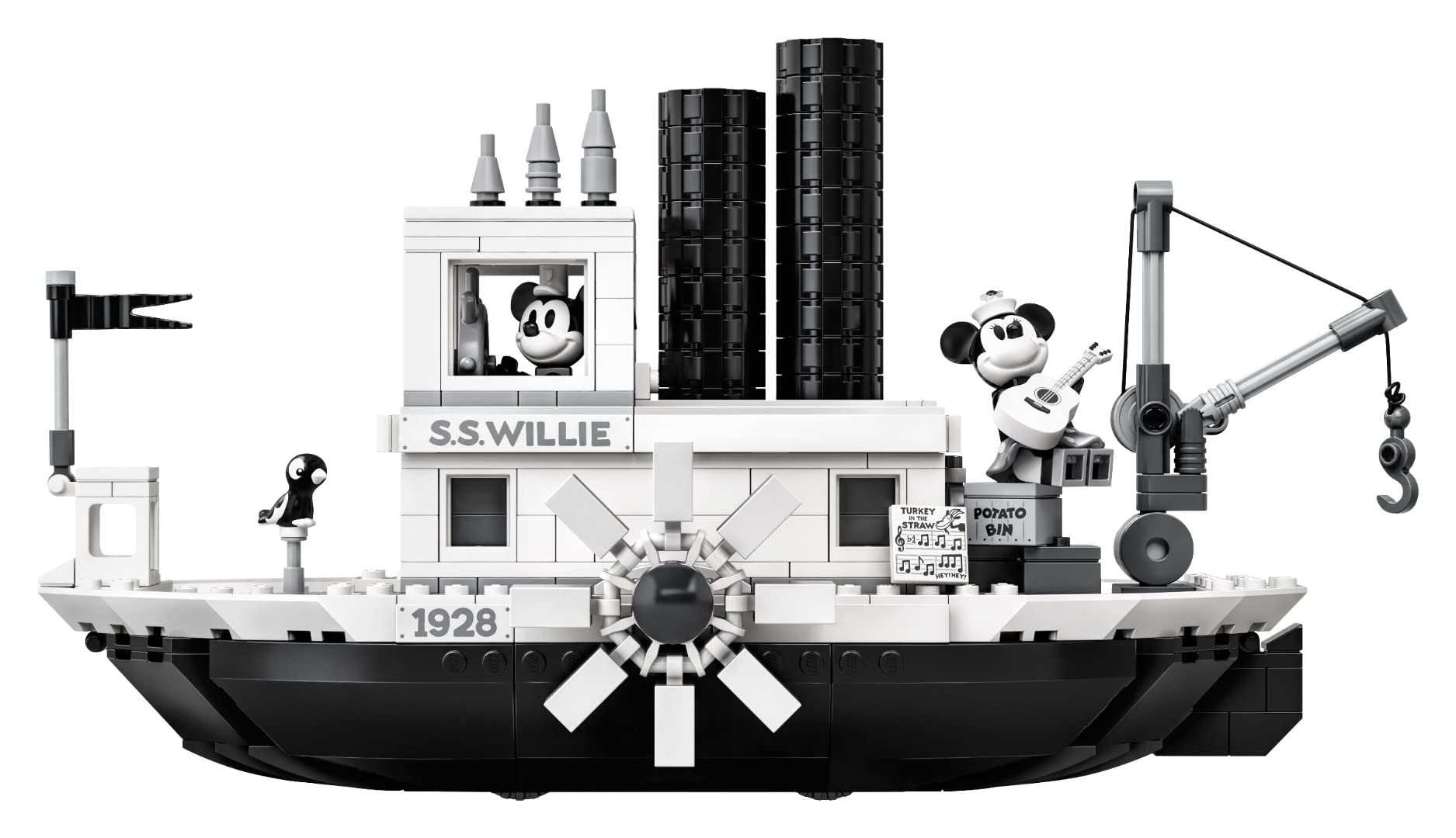 Bold monochrome palette and classic Steamboat Willie design for display