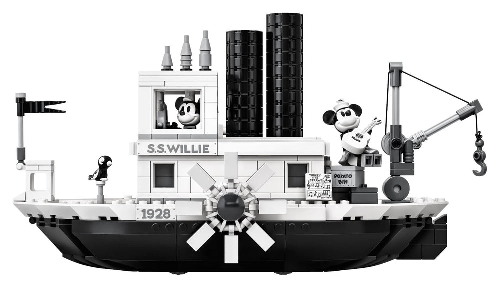 Bold monochrome palette and classic Steamboat Willie design for display