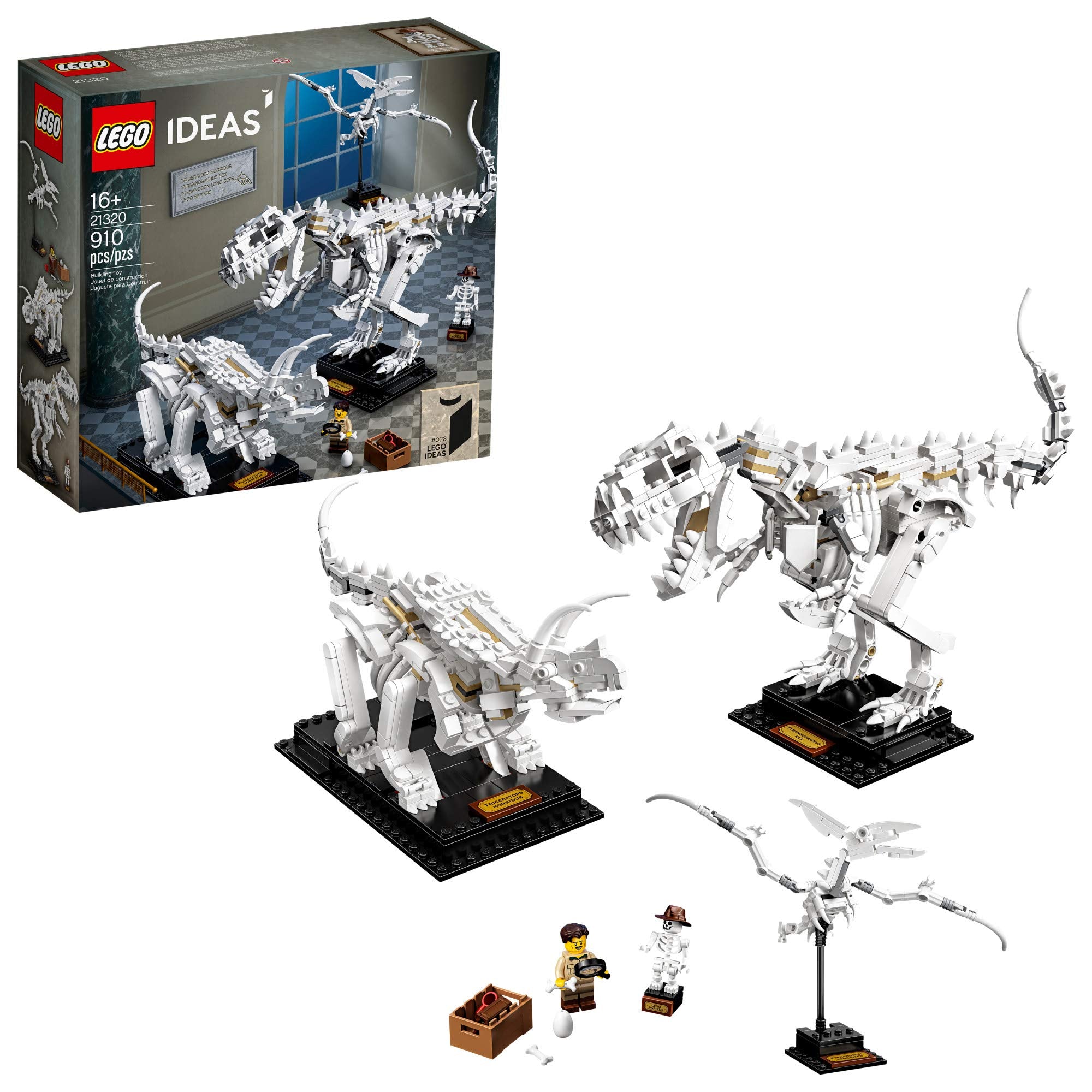 LEGO Ideas 21320 T-Rex skeleton on display stand for museum-like decor.
