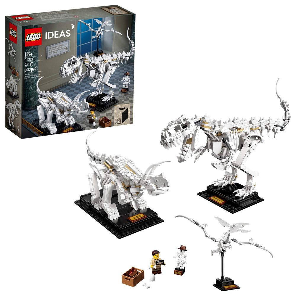 LEGO Ideas 21320 T-Rex skeleton on display stand for museum-like decor.
