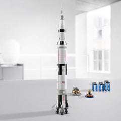 LEGO Ideas Apollo Saturn V checkered pattern accents the build.