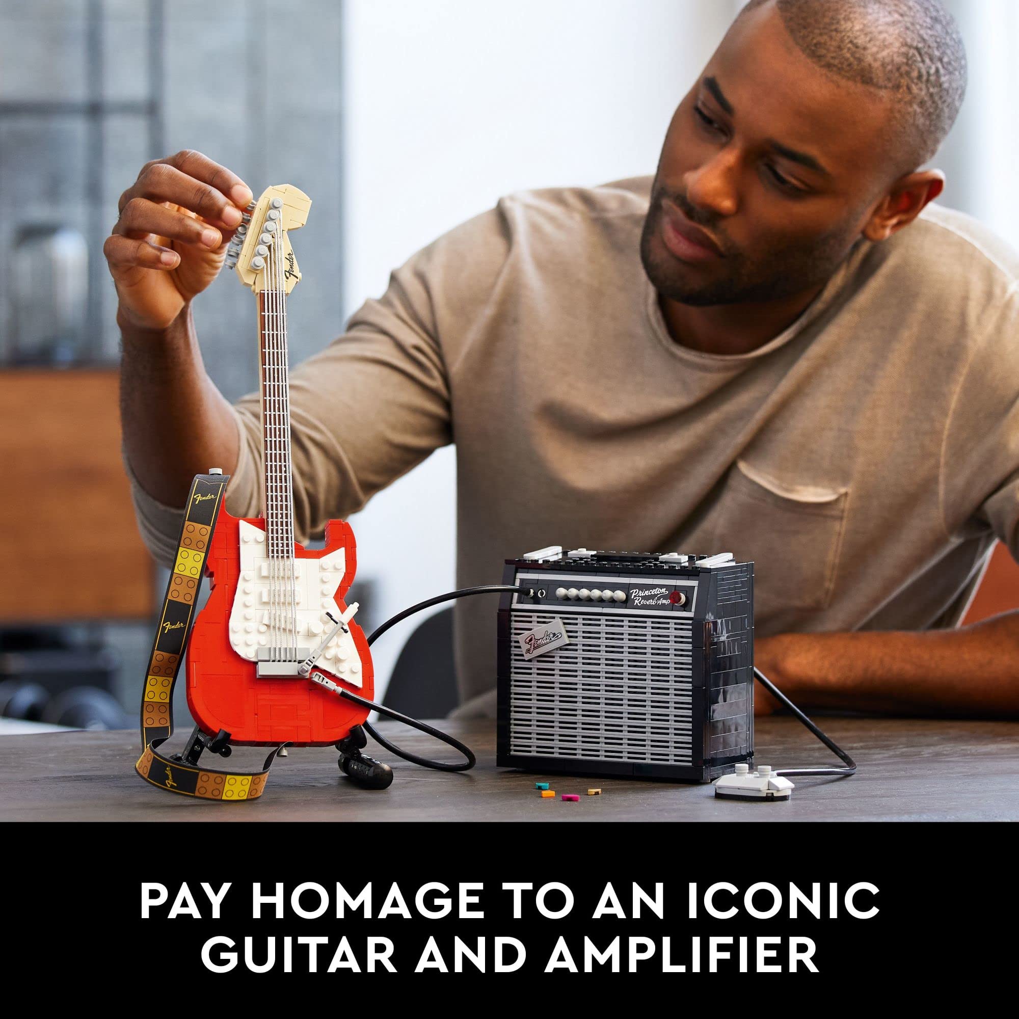 LEGO Fender logo sticker pack complements real guitars and amps.