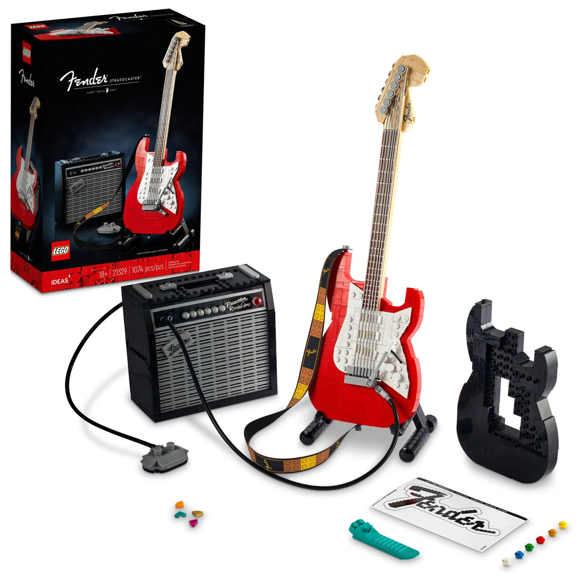 LEGO Ideas Fender Stratocaster guitar model for a striking display piece.