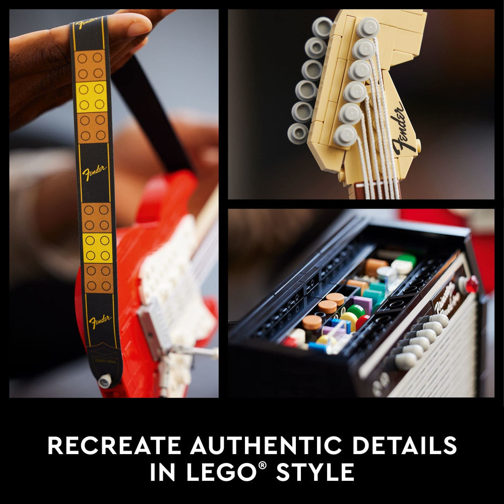 LEGO Fender Stratocaster whammy bar detail highlights interactive display.