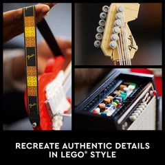 LEGO Fender Stratocaster whammy bar detail highlights interactive display.