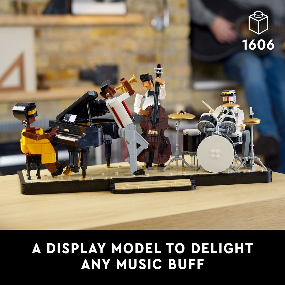 LEGO Ideas Jazz Quartet 21334 piano figure on stage for elegant room display.
