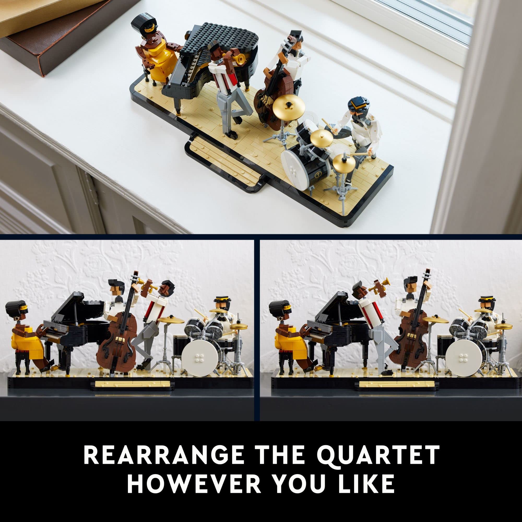 LEGO Ideas Jazz Quartet 21334 trumpeter figure with drum kit creates dynamic focal point.