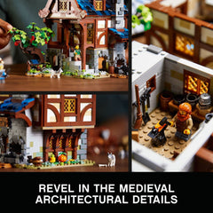 LEGO Ideas Medieval Blacksmith 21325 glowing forge with light brick, warm ambience for shelves.
