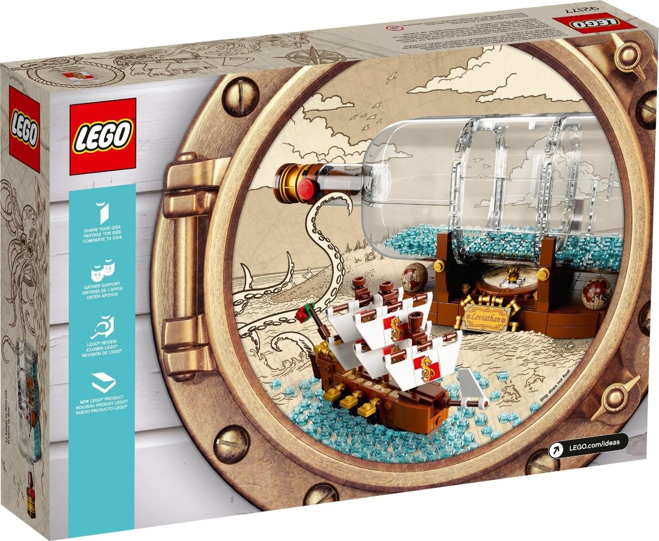 LEGO Ideas Ship in a Bottle 92177 sails close-up enhances display appeal