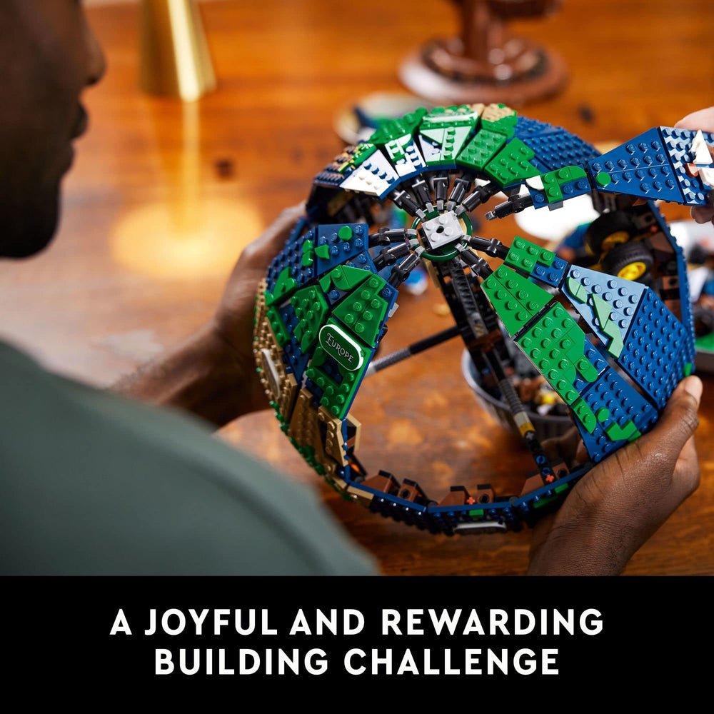 LEGO Ideas globe compass icon enhances decorative, educational setups.