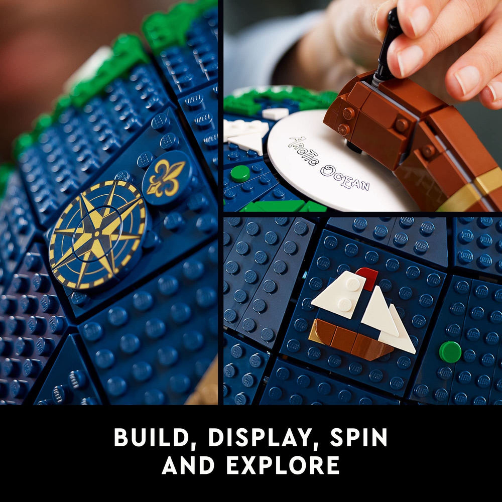 LEGO Ideas globe ship icon adds a vintage travel touch.