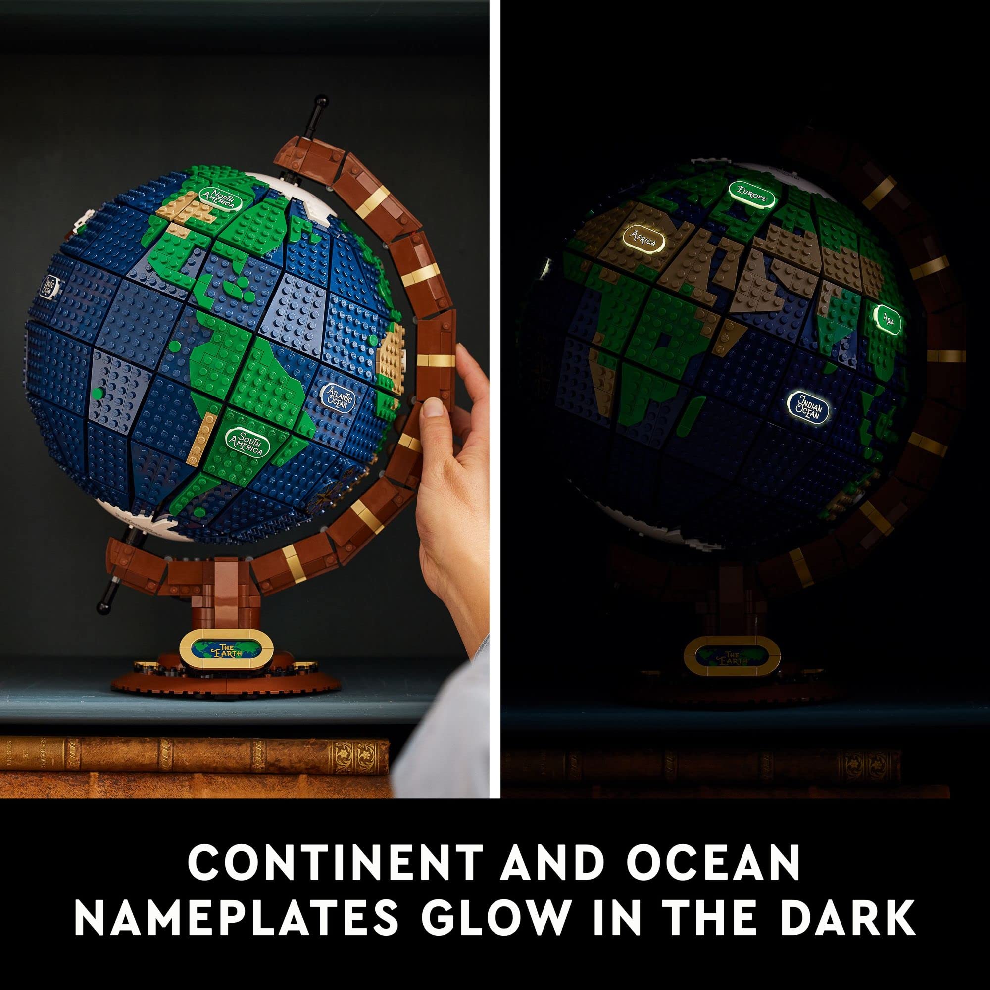 LEGO Ideas The Globe Earth nameplate completes the model with a classic label.