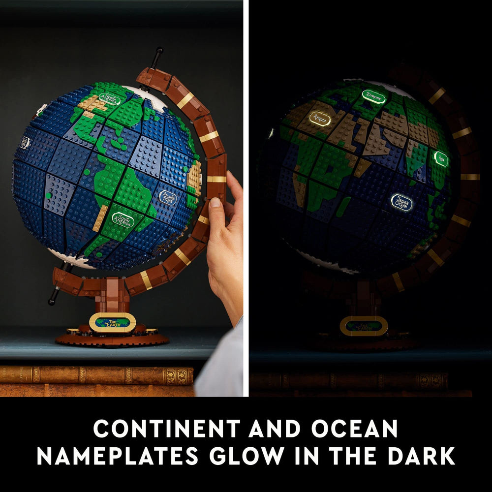 LEGO Ideas The Globe Earth nameplate completes the model with a classic label.