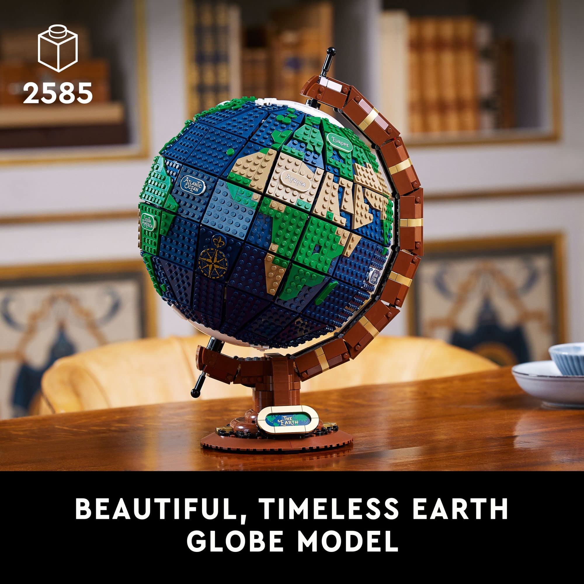 LEGO Ideas globe glow-in-the-dark tiles highlight continents and oceans at night.