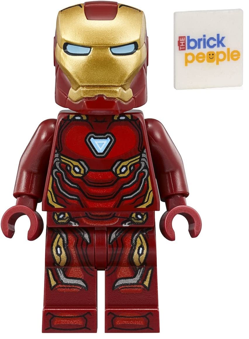 LEGO Iron Man minifig front view shows authentic suit details for display.