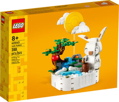 LEGO Jade Rabbit moon cake display with waterfall backdrop for the Mid-Autumn Festival