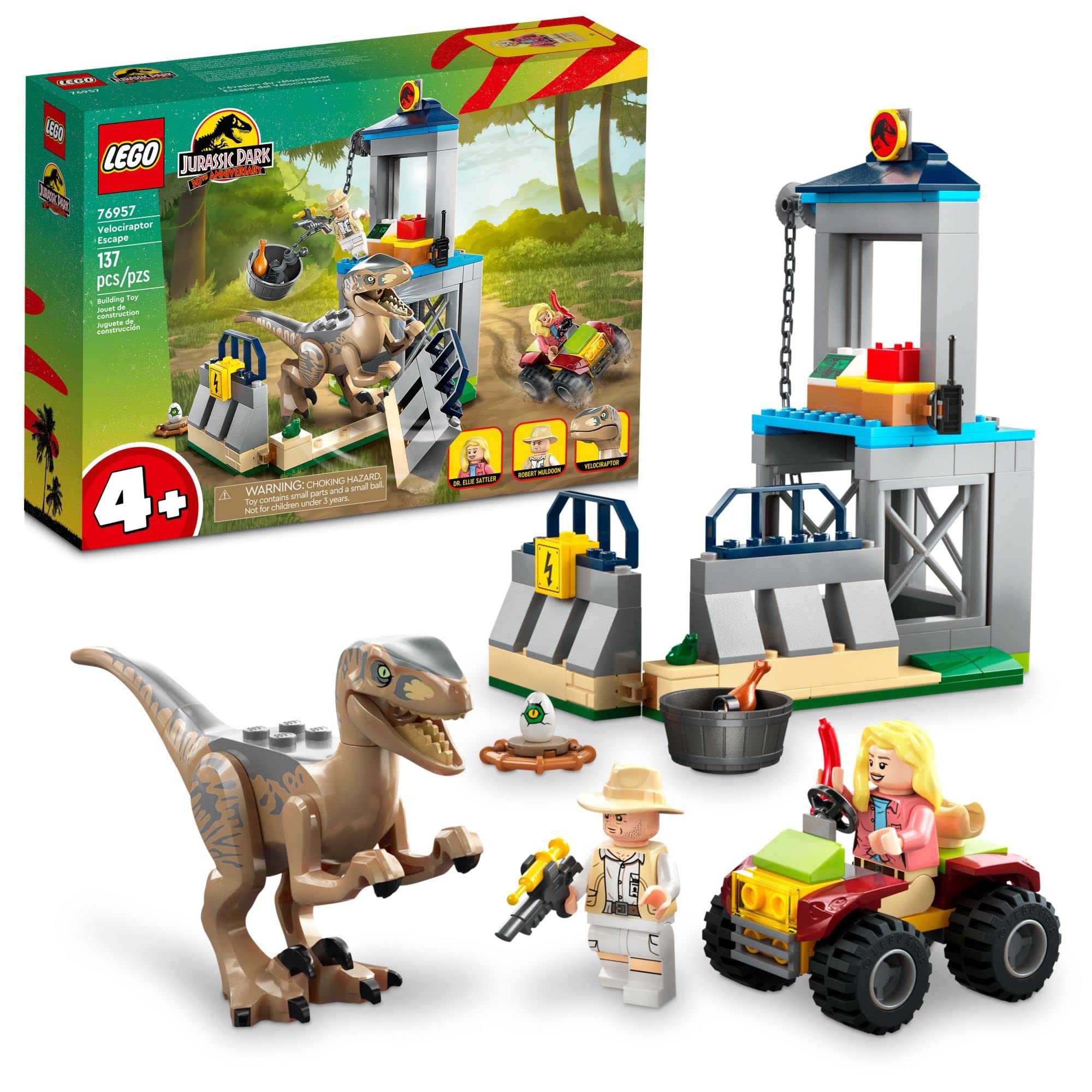 LEGO Jurassic Park Velociraptor Escape Velociraptor figure in a buildable pen for imaginative play.