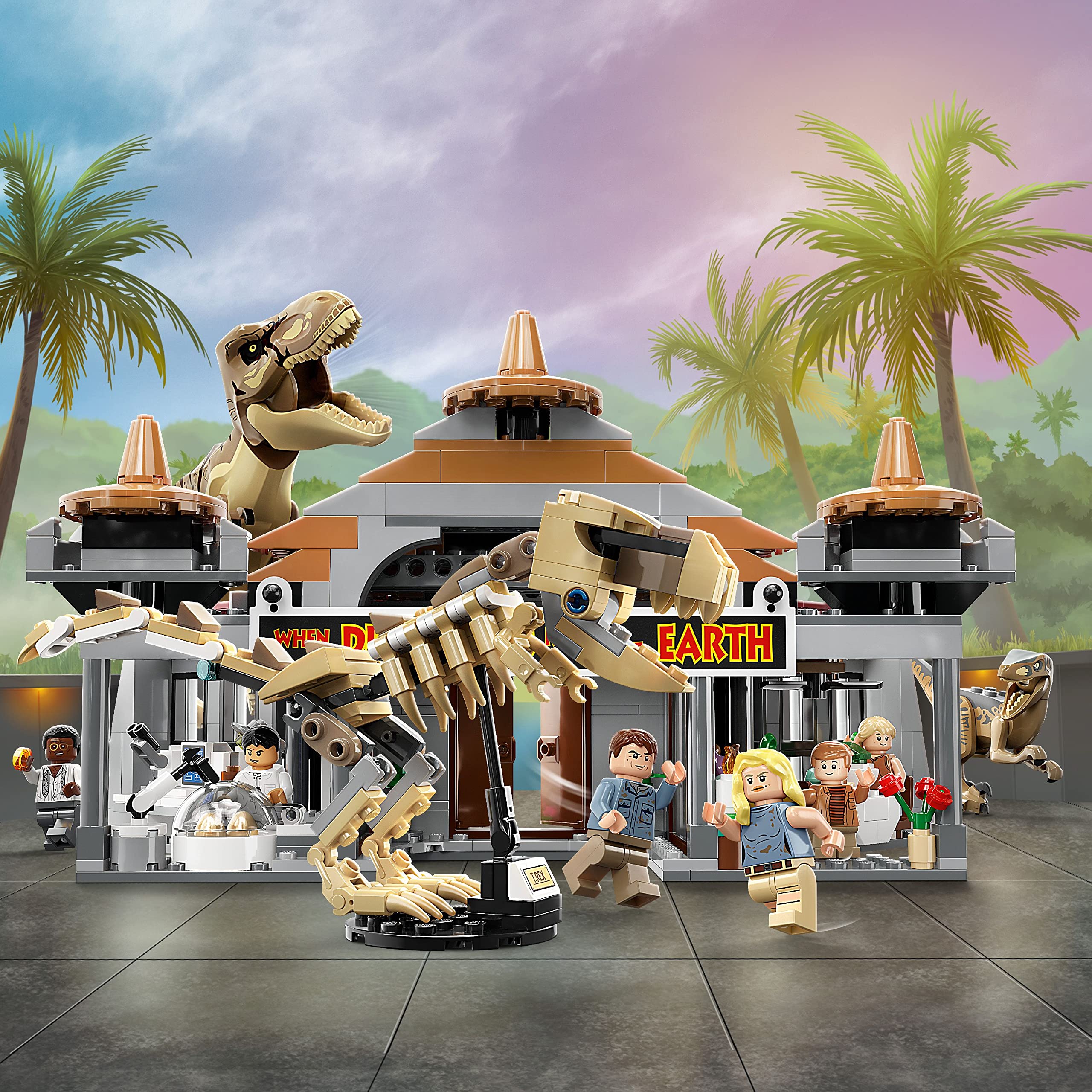 LEGO Jurassic Park Visitor Center entrance hall with banner drop trigger.