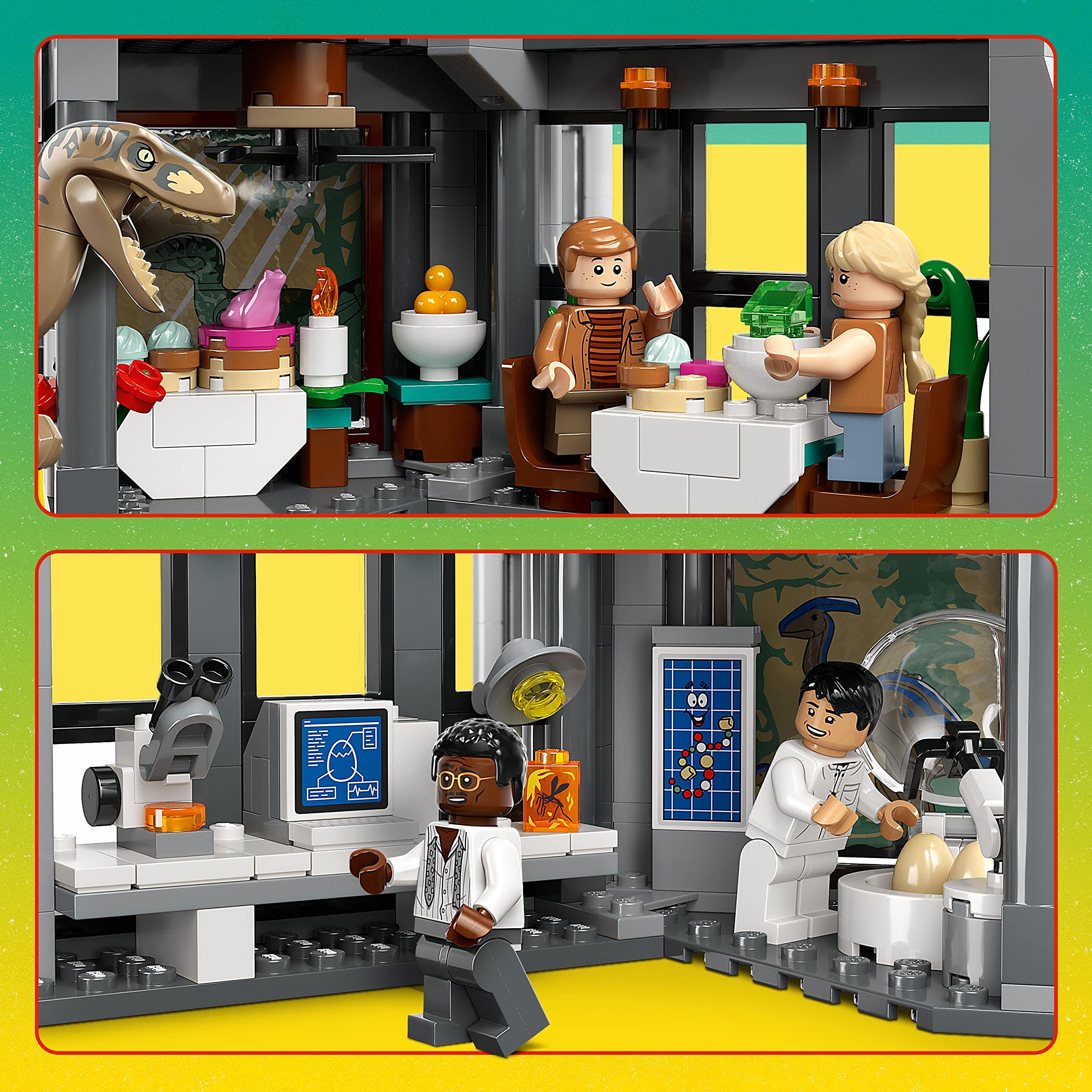 LEGO Jurassic Park Visitor Center lab area with computer and microscope.