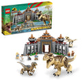 LEGO Jurassic Park Visitor Center T-rex attack scene for immersive play and display.