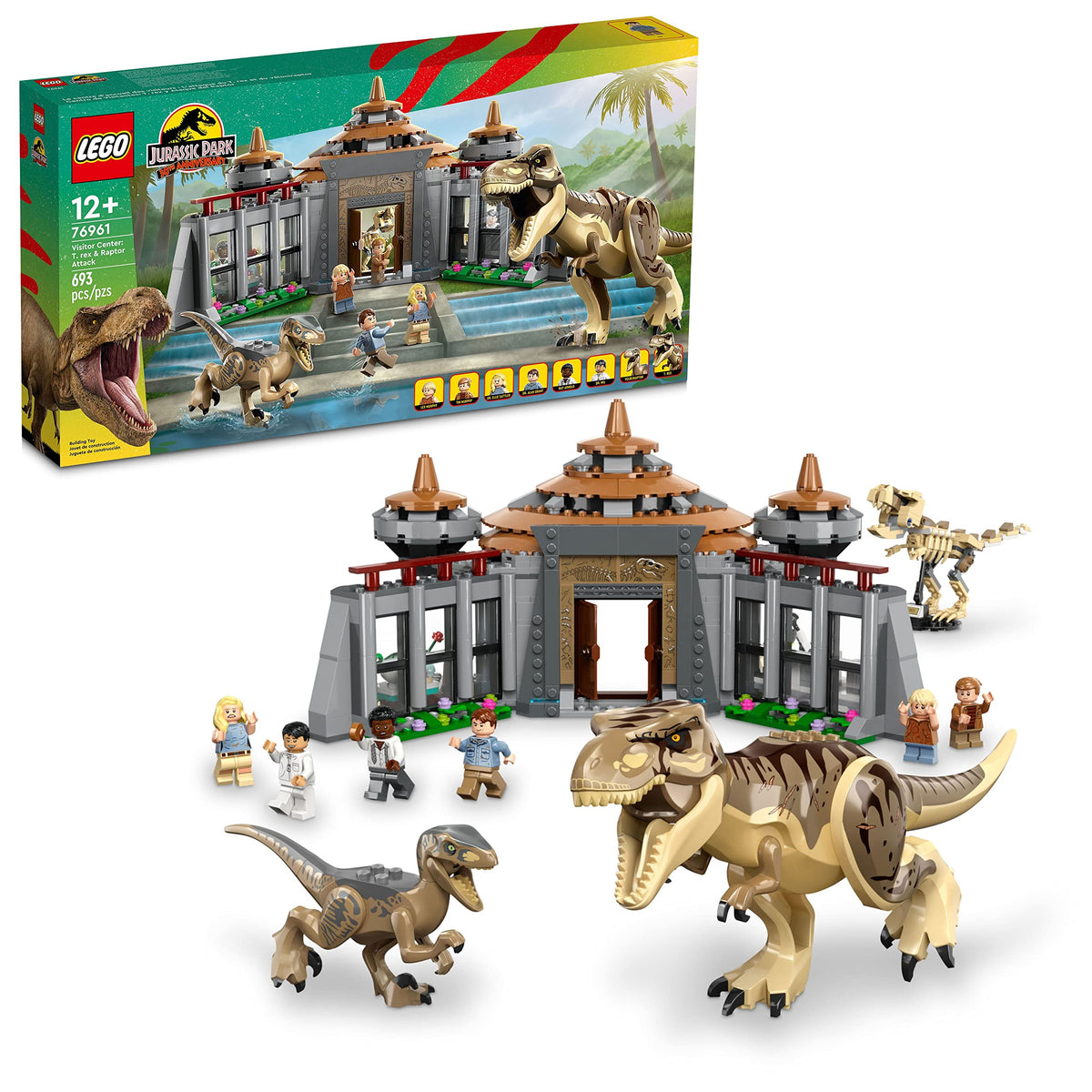 LEGO Jurassic Park Visitor Center T-rex attack scene for immersive play and display.