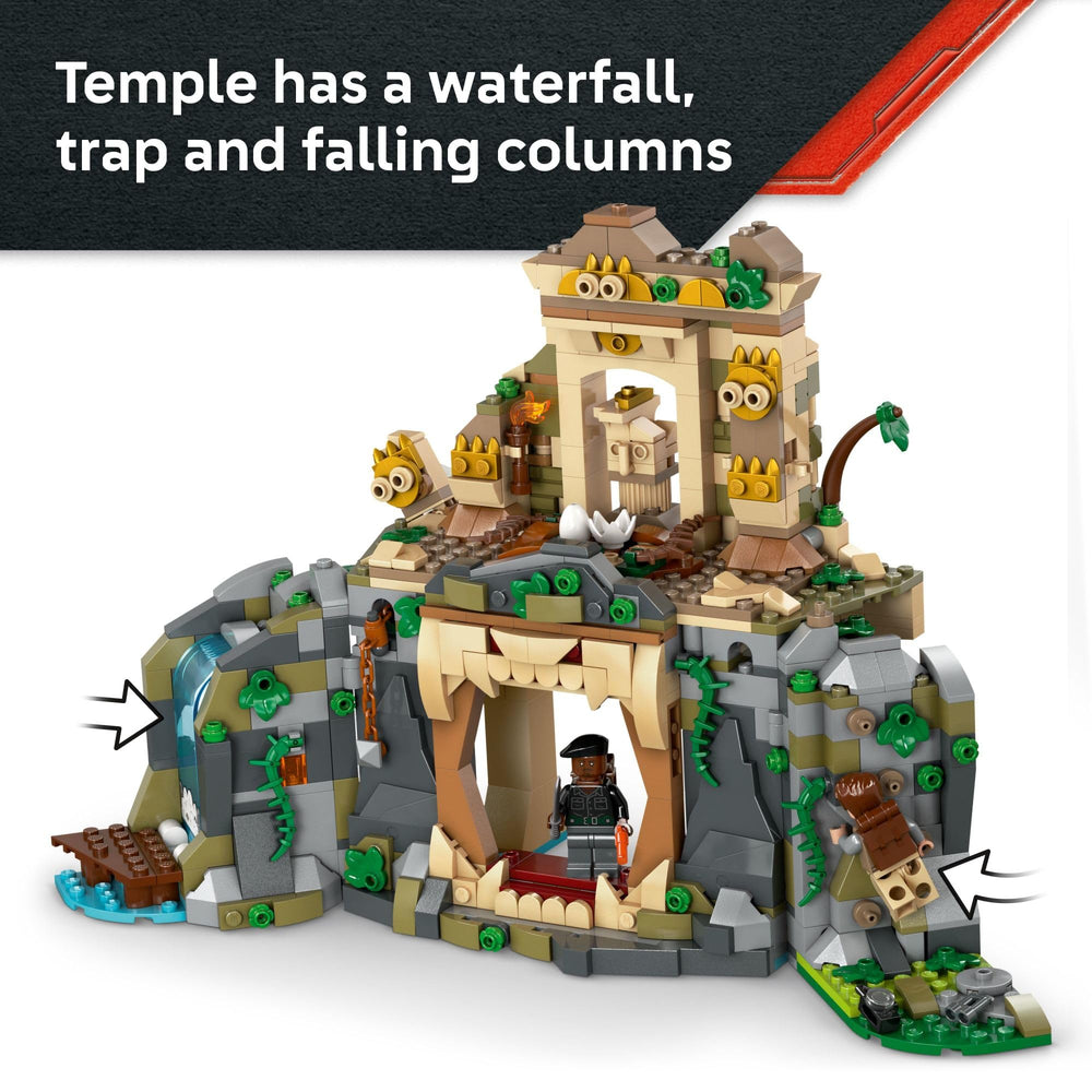LEGO temple with waterfall entrance invites dramatic pretend play and treasure-hunt narratives.
