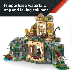 LEGO temple with waterfall entrance invites dramatic pretend play and treasure-hunt narratives.