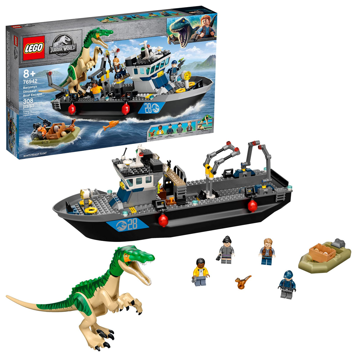 LEGO Jurassic World Baryonyx Boat Escape: floating boat with dinosaur aboard for imaginative play