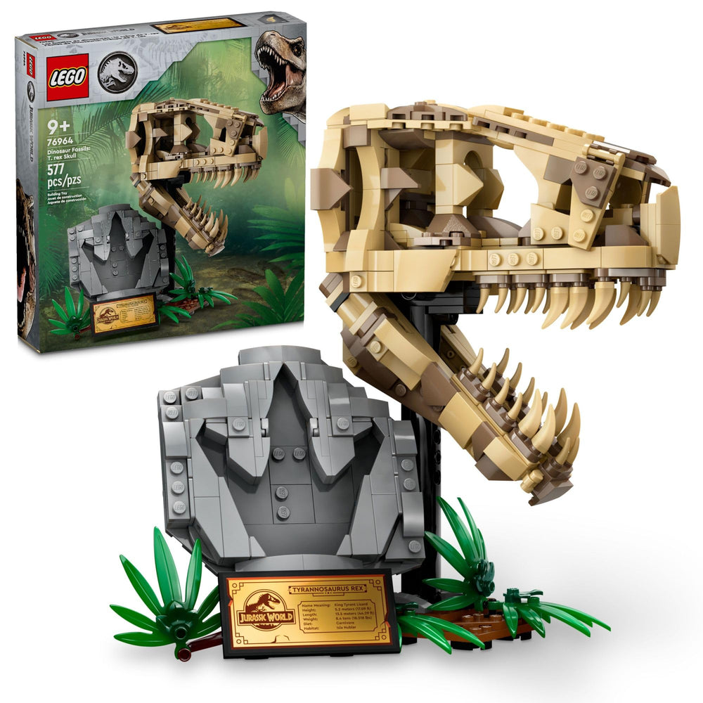 LEGO Jurassic World T. rex skull display on a stand for a museum-like presentation