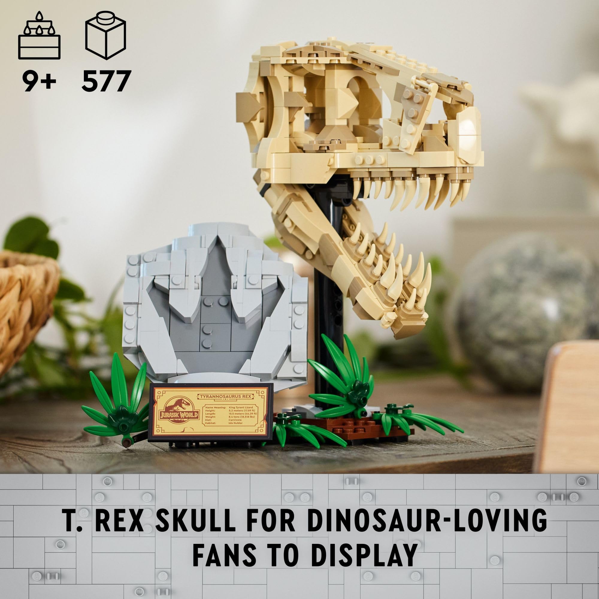 LEGO Jurassic World T. rex skull jaw opens for dynamic posing and play