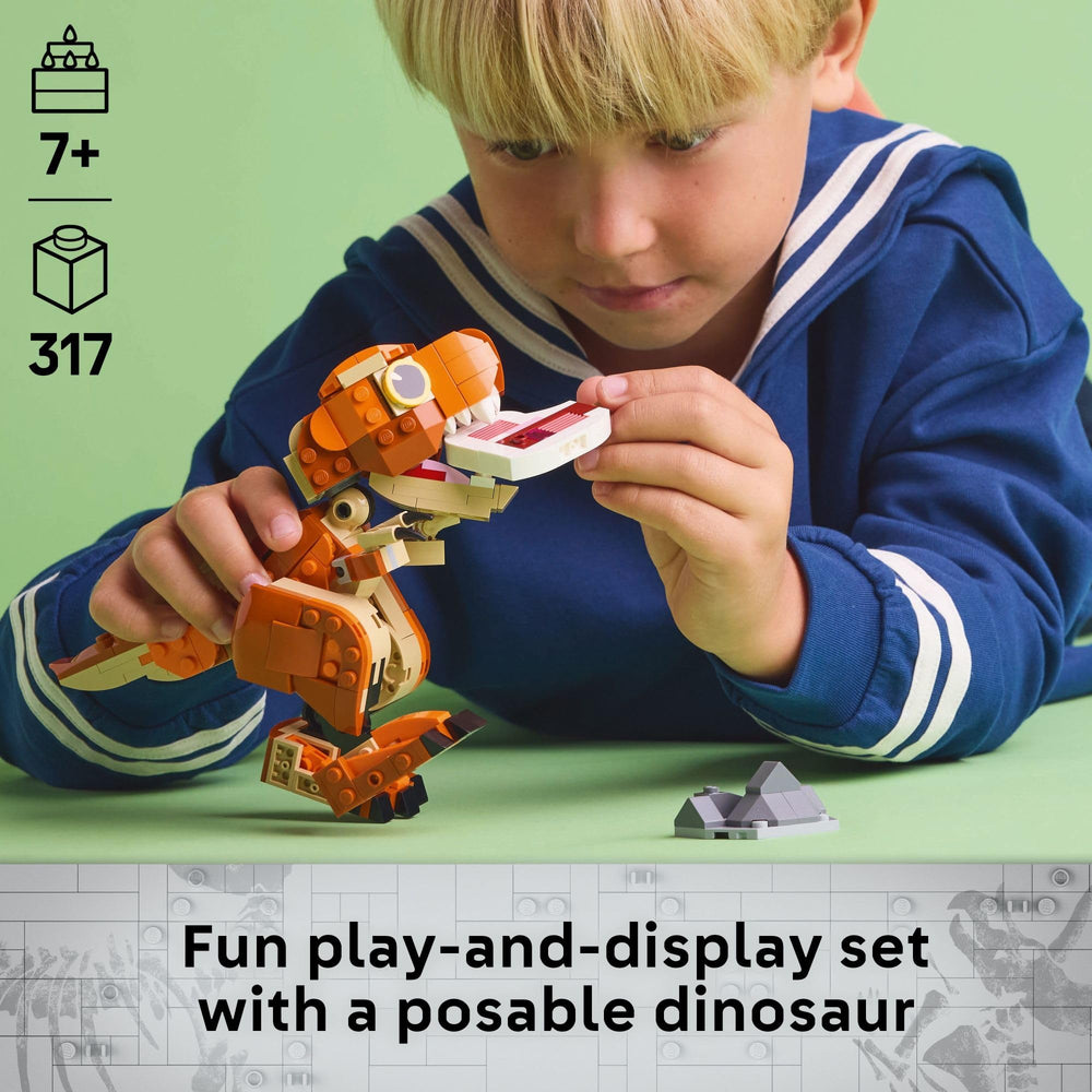 LEGO Jurassic World Little Eatie T. rex with movable head for dynamic posing scenes.