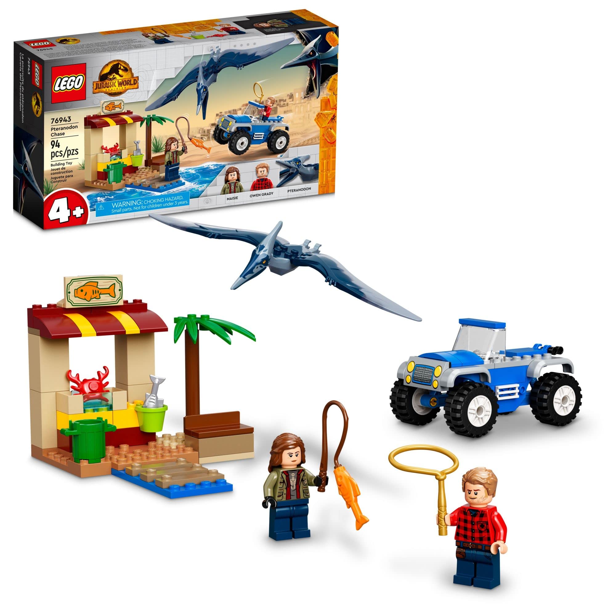 LEGO Jurassic World Pteranodon Chase dock and buggy scene for imaginative play.