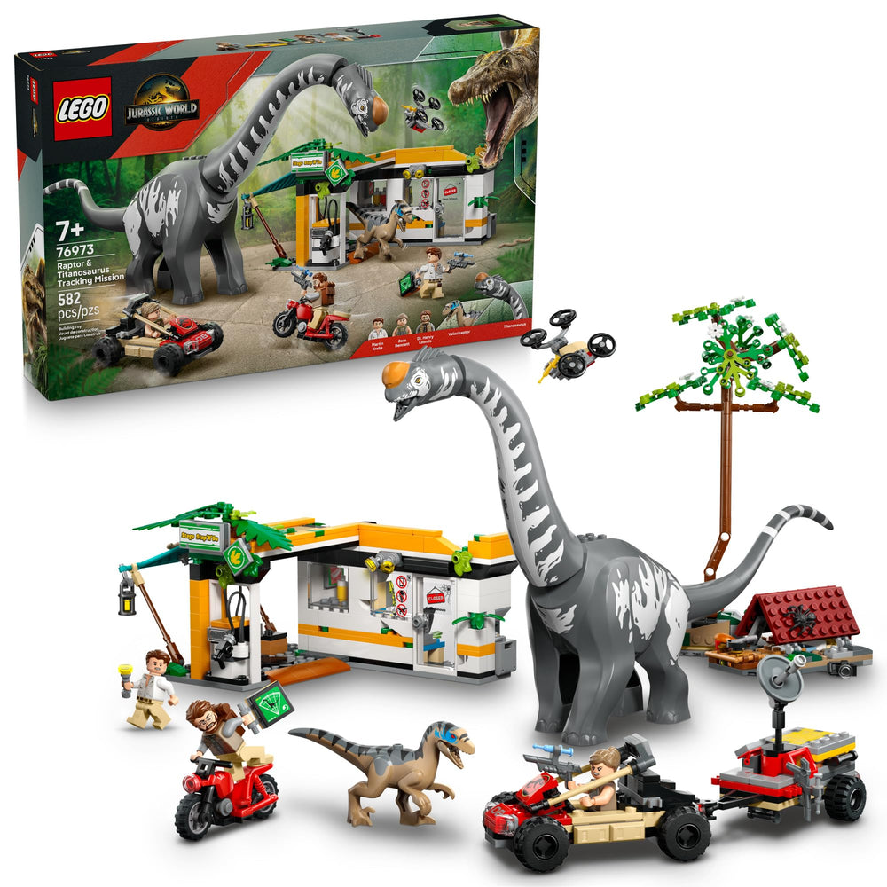 LEGO Jurassic World Raptor & Titanosaurus Tracking Mission: two dinos spark imaginative play and storytelling