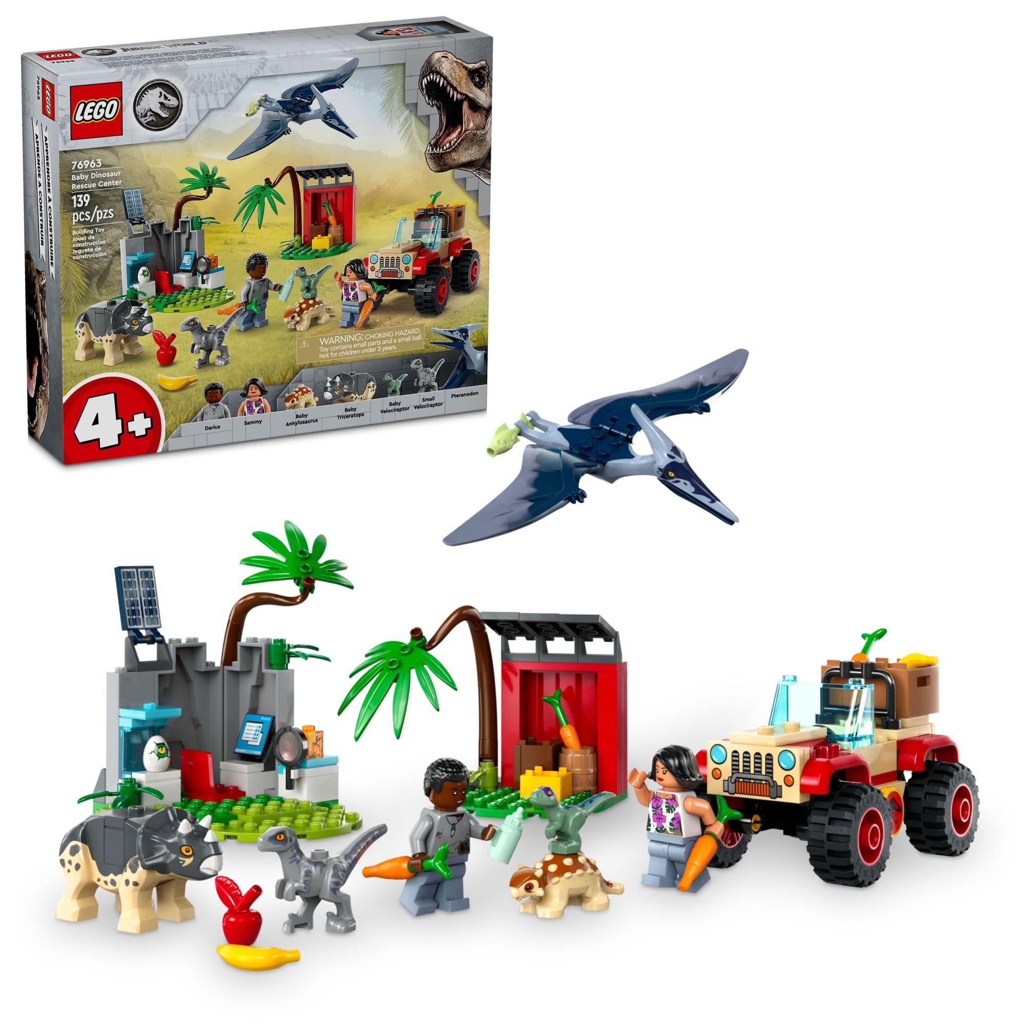 LEGO Jurassic World Raptor and Titanosaurus Tracking Mission playset with a detailed off-road vehicle