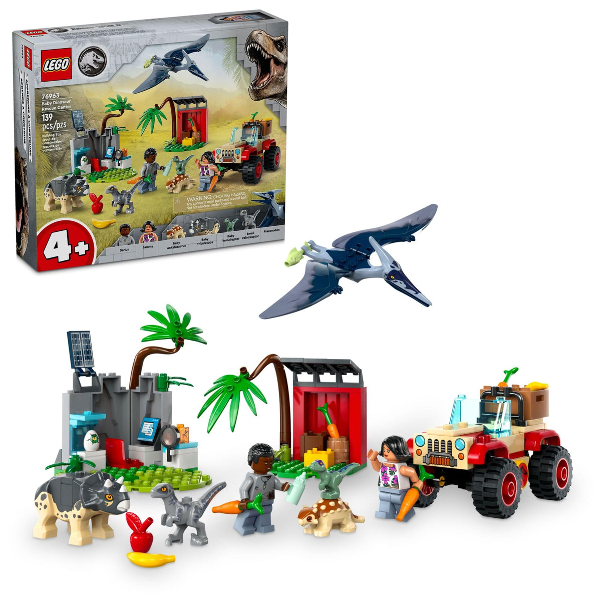 LEGO Jurassic World Raptor and Titanosaurus Tracking Mission playset with a detailed off-road vehicle