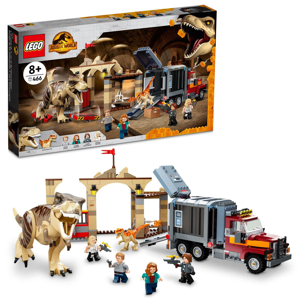 LEGO Jurassic World market scene with T. rex and Atrociraptor for imaginative breakout play