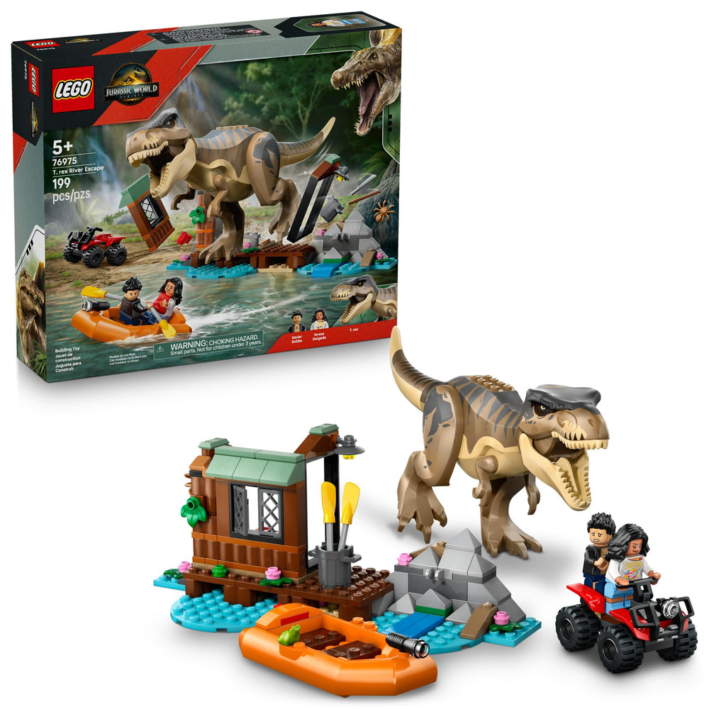 LEGO Jurassic World T. rex River Escape dock and boat launcher for action-packed play.