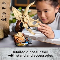 LEGO Jurassic World Triceratops skull on stand highlights a display-ready fossil