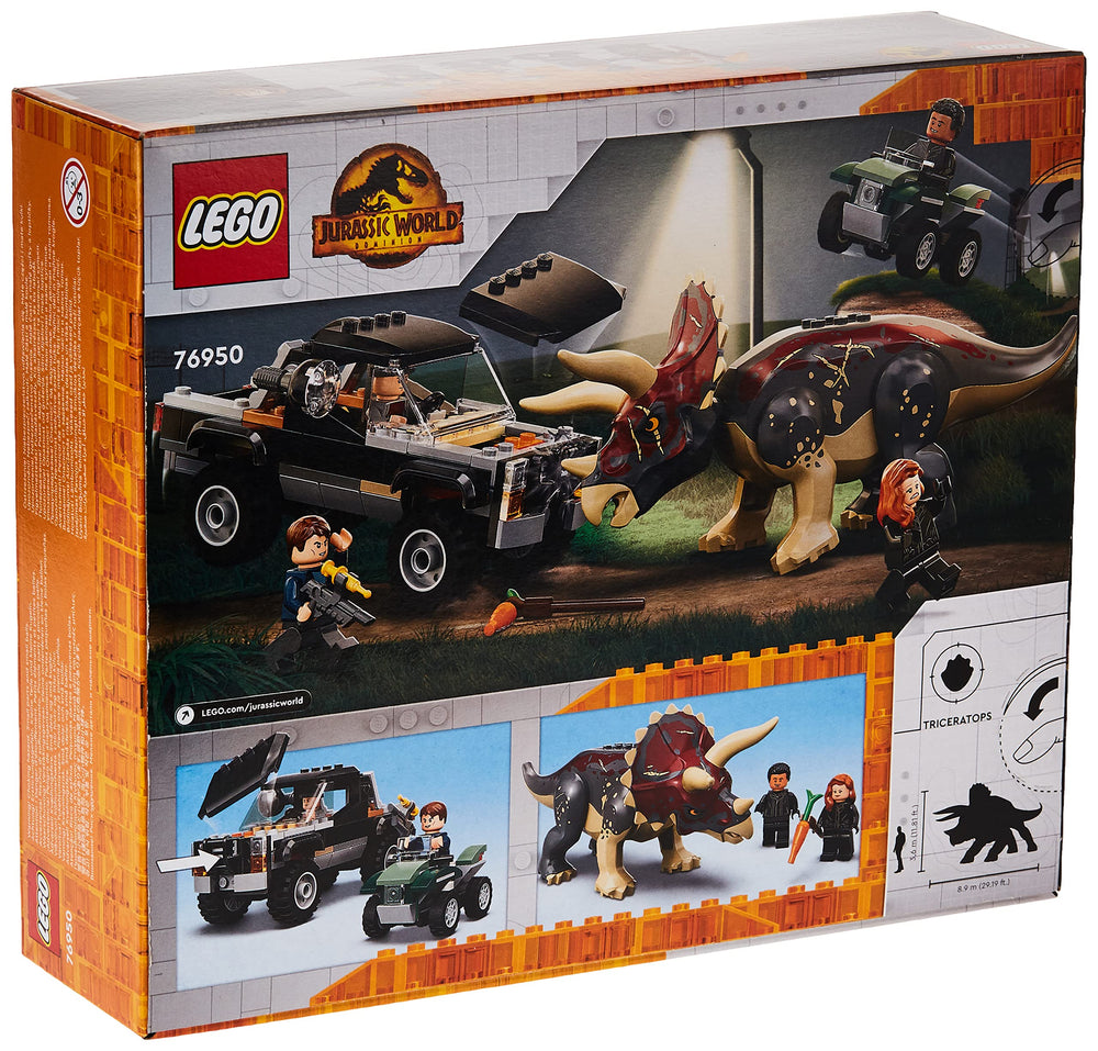 LEGO Jurassic World 76950 Triceratops Truck Attack: off-road escape buggy supports imaginative chase scenes.