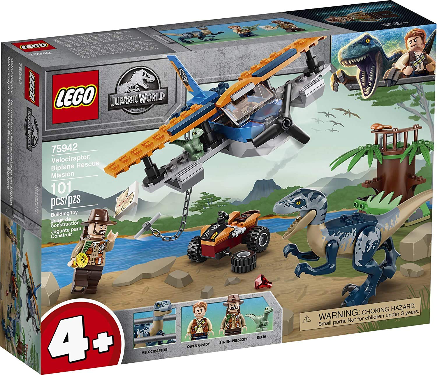 LEGO Jurassic World Velociraptor biplane rescue in action, ideal for imaginative pretend play.